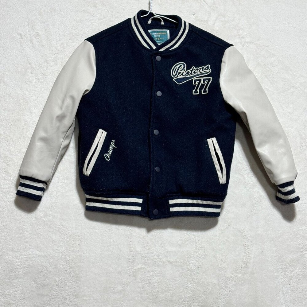 Urban Heritage Varsity Jacket Navy and White Champs Pistons 77 Youth Small 7-8